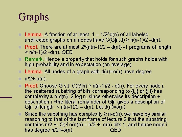 Graphs Lemma. A fraction of at least 1 – 1/2^d(n) of all labeled undirected