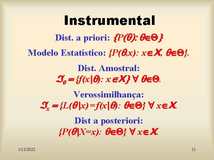 Instrumental Dist. a priori: {P(q): qÎQ} Modelo Estatístico: {P(q, x): xÎX, qÎQ}. Dist. Amostral: