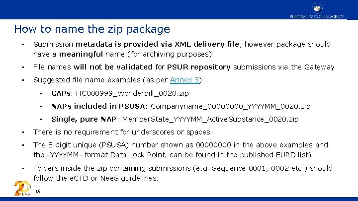 How to name the zip package • Submission metadata is provided via XML delivery