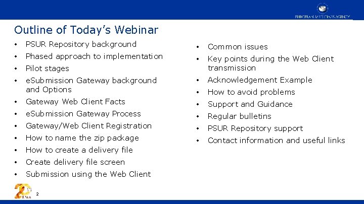 Outline of Today’s Webinar • PSUR Repository background • Common issues • Phased approach