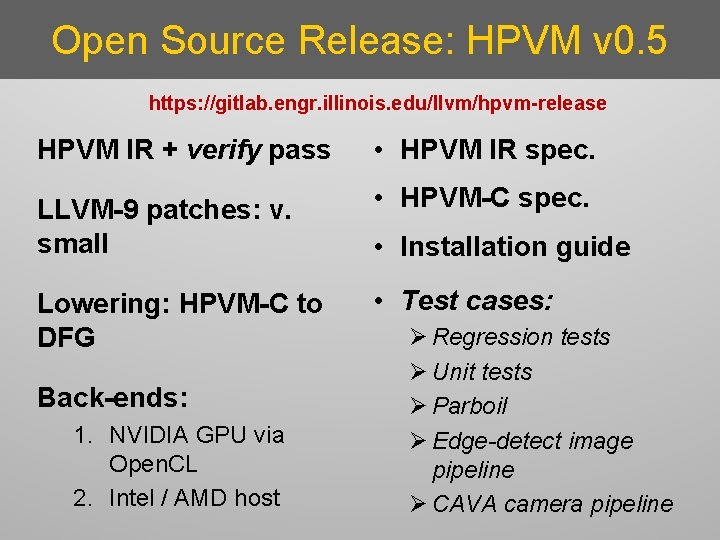 Open Source Release: HPVM v 0. 5 https: //gitlab. engr. illinois. edu/llvm/hpvm-release HPVM IR