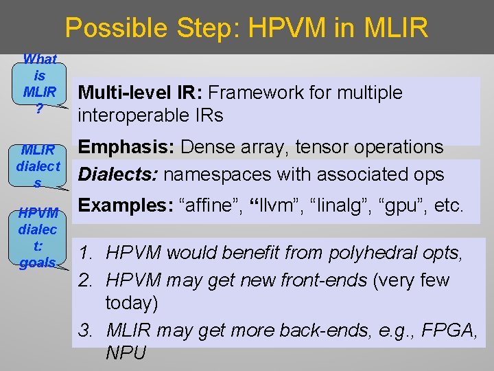 Possible Step: HPVM in MLIR What is MLIR ? MLIR dialect s HPVM dialec