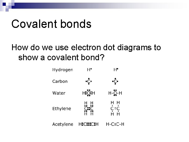 Covalent bonds How do we use electron dot diagrams to show a covalent bond?