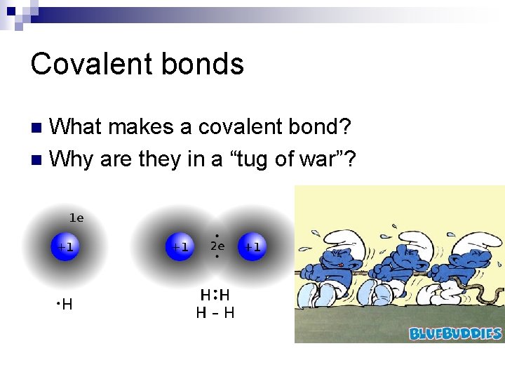 Covalent bonds What makes a covalent bond? n Why are they in a “tug