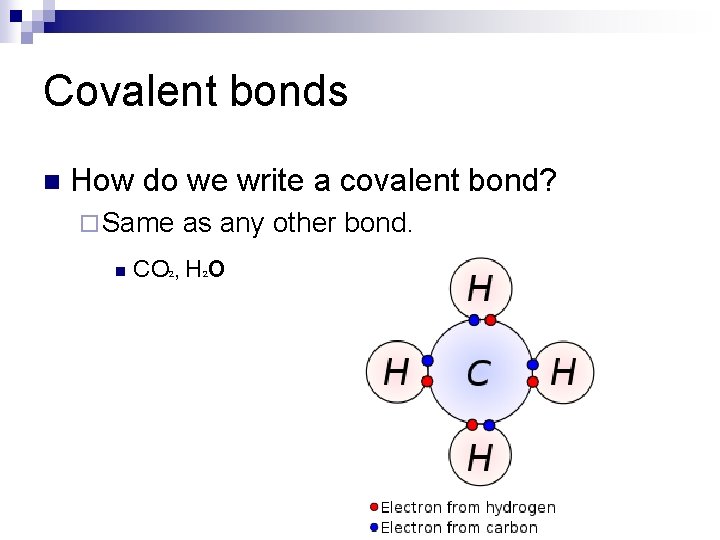 Covalent bonds n How do we write a covalent bond? ¨ Same n as