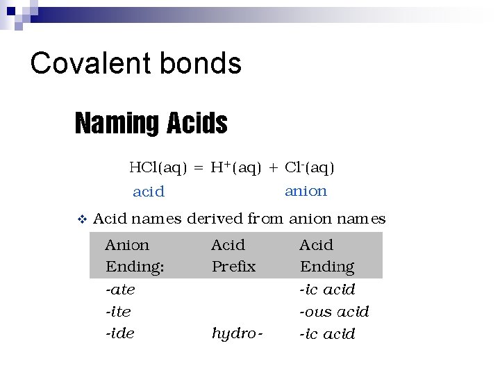Covalent bonds n How do we name acids? ¨ Acids are hydrogen donors, so