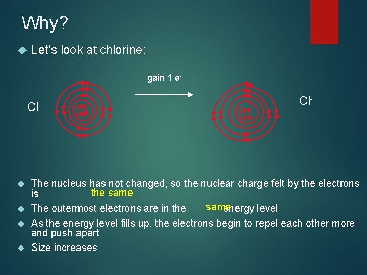 Why? Let’s look at chlorine: gain 1 e- Cl Cl- The nucleus has not