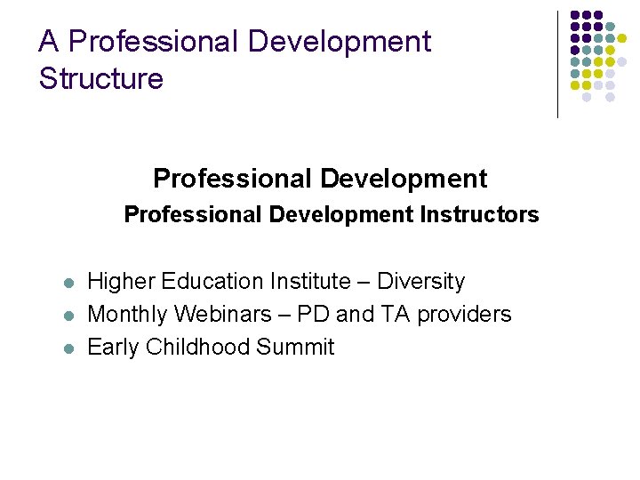 A Professional Development Structure Professional Development Instructors l l l Higher Education Institute –