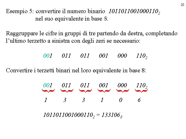 20 Esempio 5: convertire il numero binario 10110110010001102 nel suo equivalente in base 8.