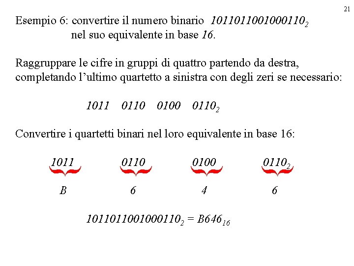 21 Esempio 6: convertire il numero binario 10110110010001102 nel suo equivalente in base 16.