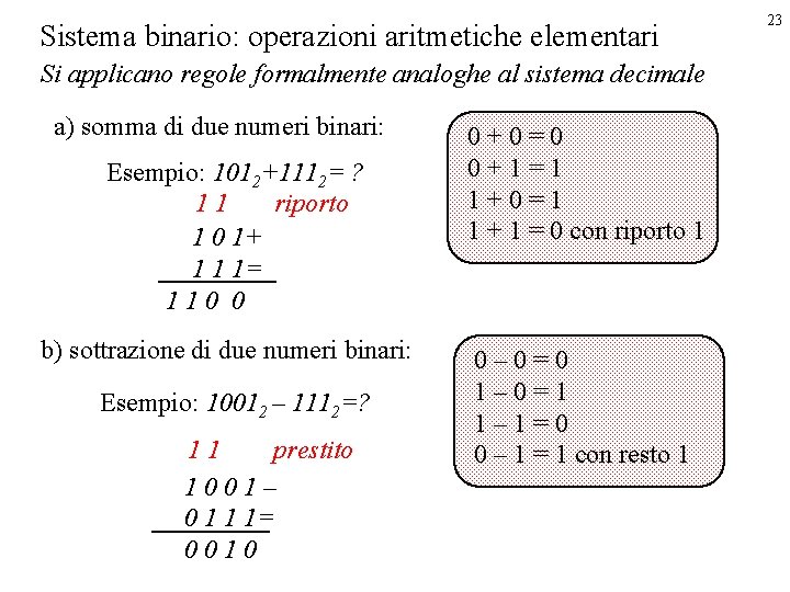 Sistema binario: operazioni aritmetiche elementari Si applicano regole formalmente analoghe al sistema decimale a)