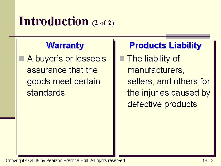 Introduction (2 of 2) Warranty n A buyer’s or lessee’s assurance that the goods