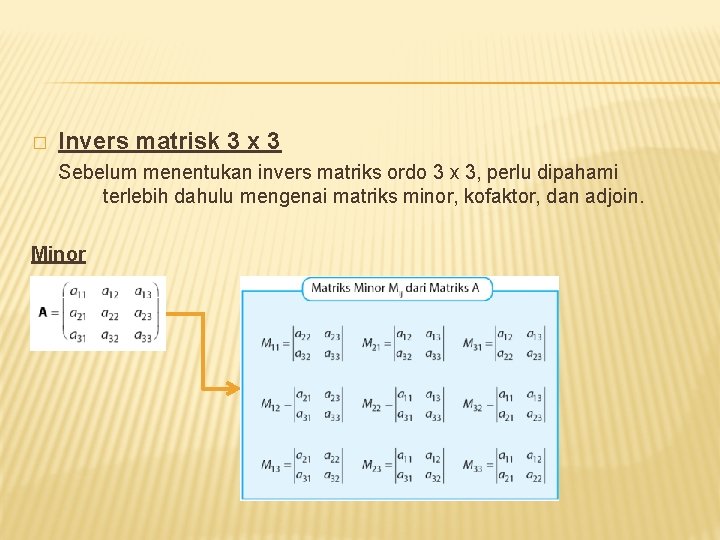 � Invers matrisk 3 x 3 Sebelum menentukan invers matriks ordo 3 x 3,