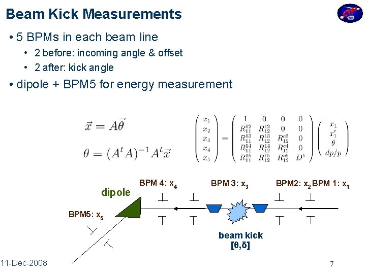 Beam Kick Measurements • 5 BPMs in each beam line • 2 before: incoming