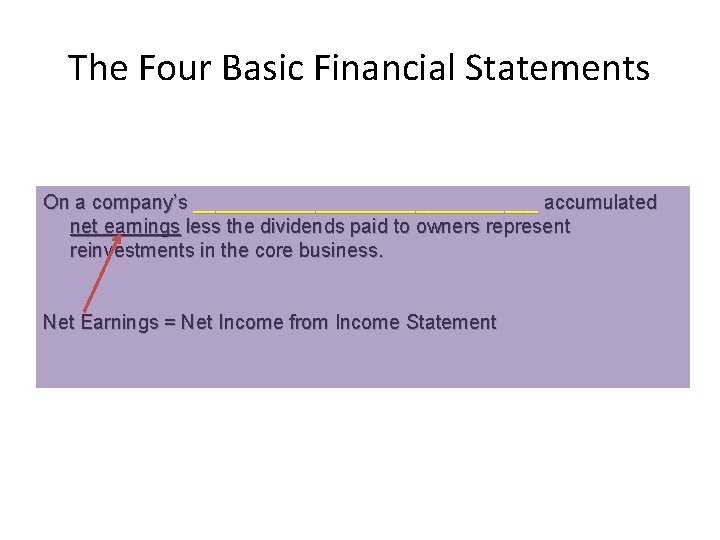 The Four Basic Financial Statements On a company’s ________________ accumulated net earnings less the