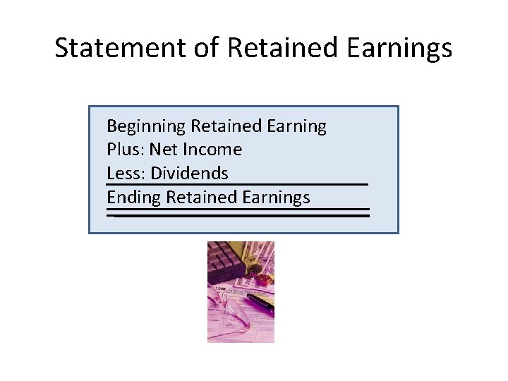 Statement of Retained Earnings Beginning Retained Earning Plus: Net Income Less: Dividends Ending Retained
