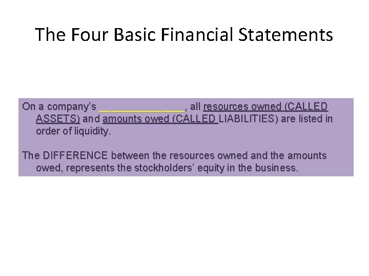 The Four Basic Financial Statements On a company’s ________, all resources owned (CALLED ASSETS)