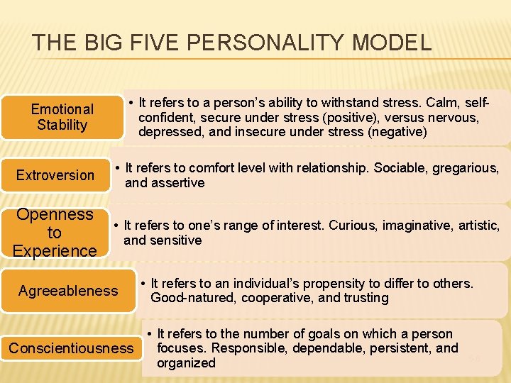 THE BIG FIVE PERSONALITY MODEL • It refers to a person’s ability to withstand