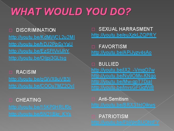 WHAT WOULD YOU DO? DISCRIMINATION http: //youtu. be/Kd. MWCL 2 u 2 MI http: