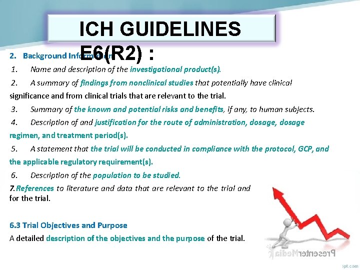 2. 1. 2. ICH GUIDELINES Background Information E 6(R 2) : Name and description