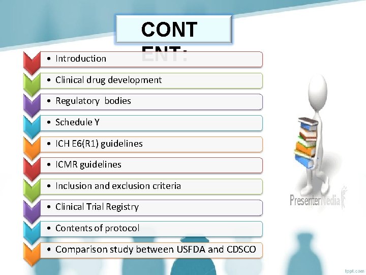 • Introduction CONT ENT: • Clinical drug development • Regulatory bodies • Schedule