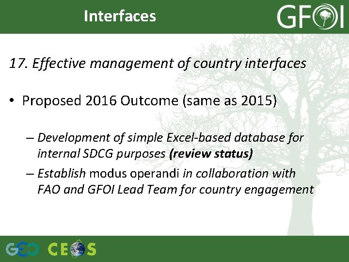 Interfaces 17. Effective management of country interfaces • Proposed 2016 Outcome (same as 2015)