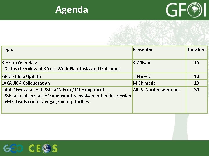 Agenda Topic Presenter Duration Session Overview - Status Overview of 3 -Year Work Plan