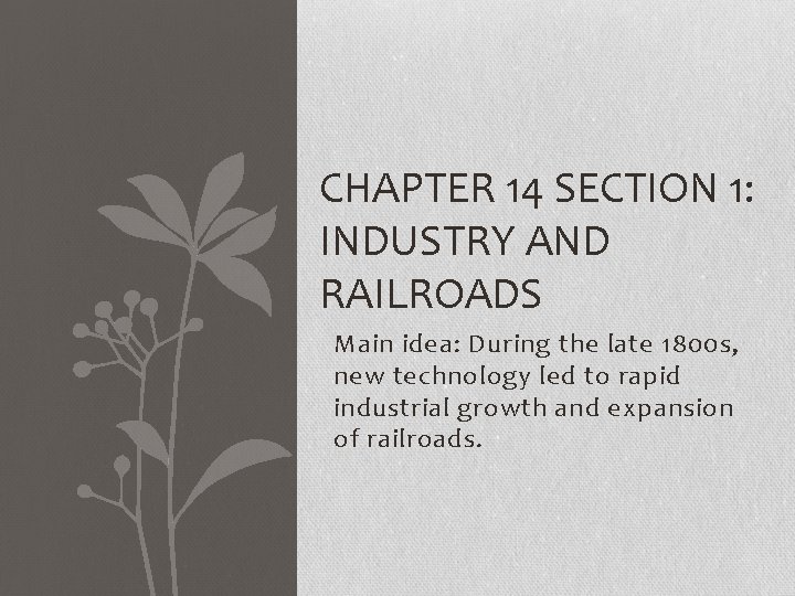 CHAPTER 14 SECTION 1: INDUSTRY AND RAILROADS Main idea: During the late 1800 s,