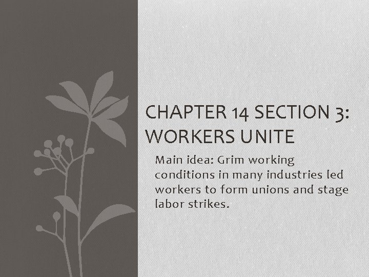 CHAPTER 14 SECTION 3: WORKERS UNITE Main idea: Grim working conditions in many industries