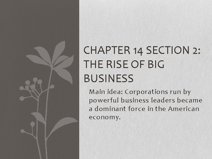 CHAPTER 14 SECTION 2: THE RISE OF BIG BUSINESS Main idea: Corporations run by