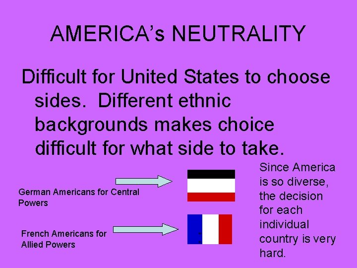 AMERICA’s NEUTRALITY Difficult for United States to choose sides. Different ethnic backgrounds makes choice