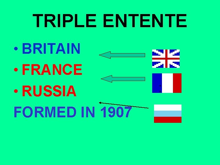 TRIPLE ENTENTE • BRITAIN • FRANCE • RUSSIA FORMED IN 1907 