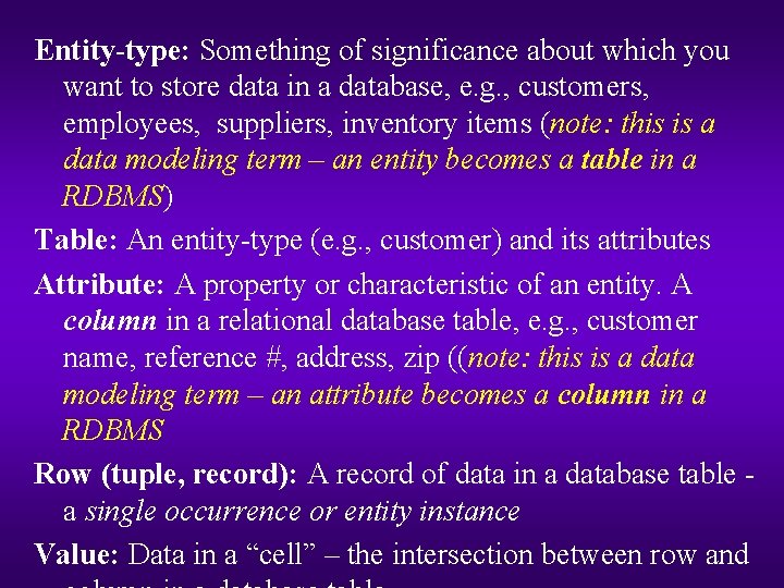Entity-type: Something of significance about which you want to store data in a database,