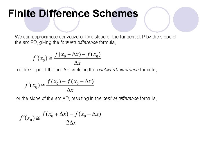 Finite Difference Schemes We can approximate derivative of f(x), slope or the tangent at
