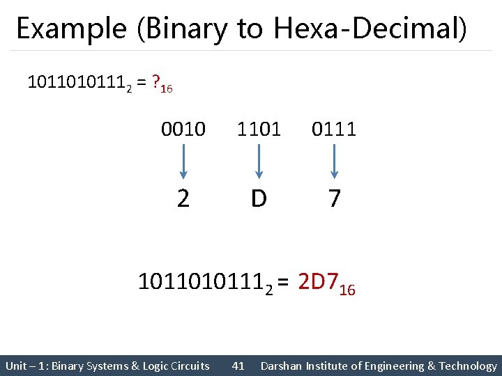 Example (Binary to Hexa-Decimal) 10110101112 = ? 16 0010 1101 0111 2 D 7