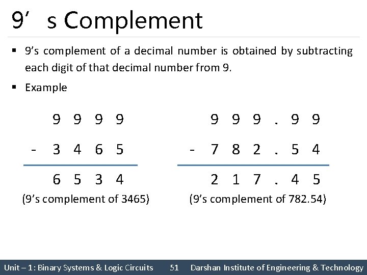 9’s Complement § 9’s complement of a decimal number is obtained by subtracting each