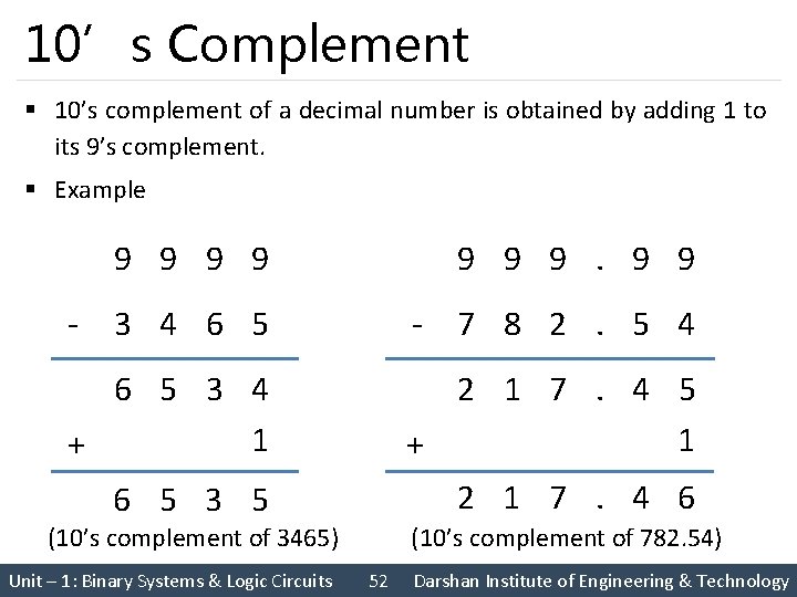 10’s Complement § 10’s complement of a decimal number is obtained by adding 1