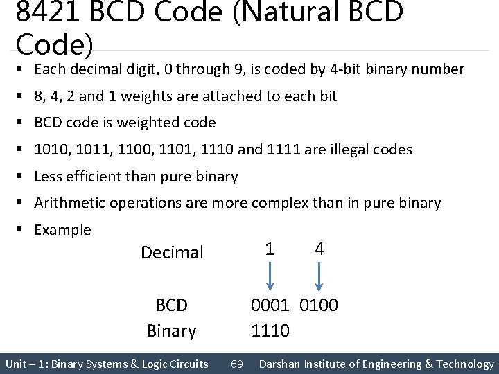 8421 BCD Code (Natural BCD Code) § Each decimal digit, 0 through 9, is