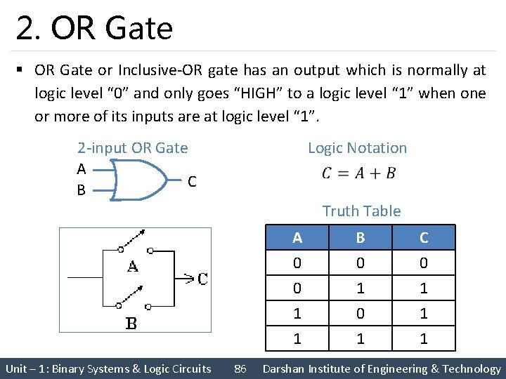 2. OR Gate § OR Gate or Inclusive-OR gate has an output which is