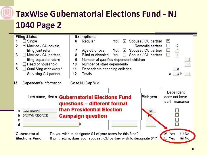 Tax. Wise Gubernatorial Elections Fund - NJ 1040 Page 2 Gubernatorial Elections Fund questions