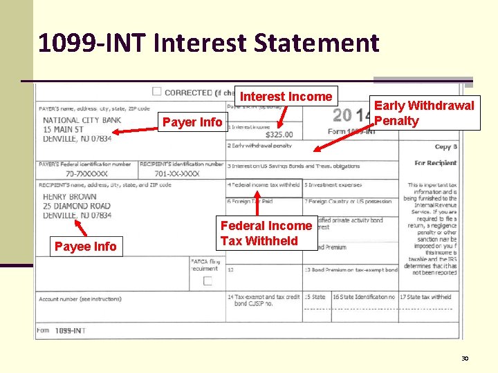 1099 -INT Interest Statement Interest Income Payer Info Payee Info Early Withdrawal Penalty Federal