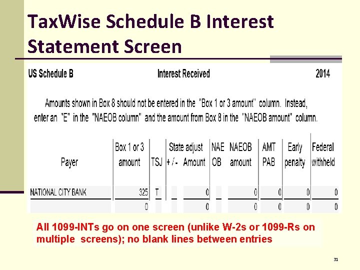 Tax. Wise Schedule B Interest Statement Screen All 1099 -INTs go on one screen