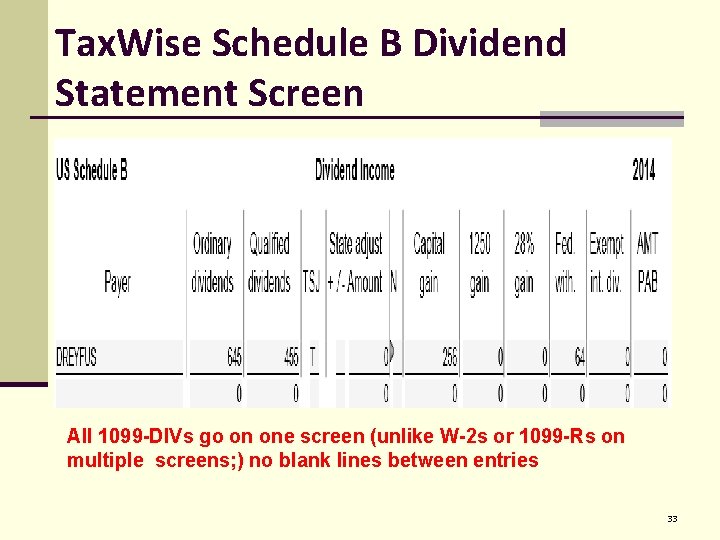 Tax. Wise Schedule B Dividend Statement Screen All 1099 -DIVs go on one screen