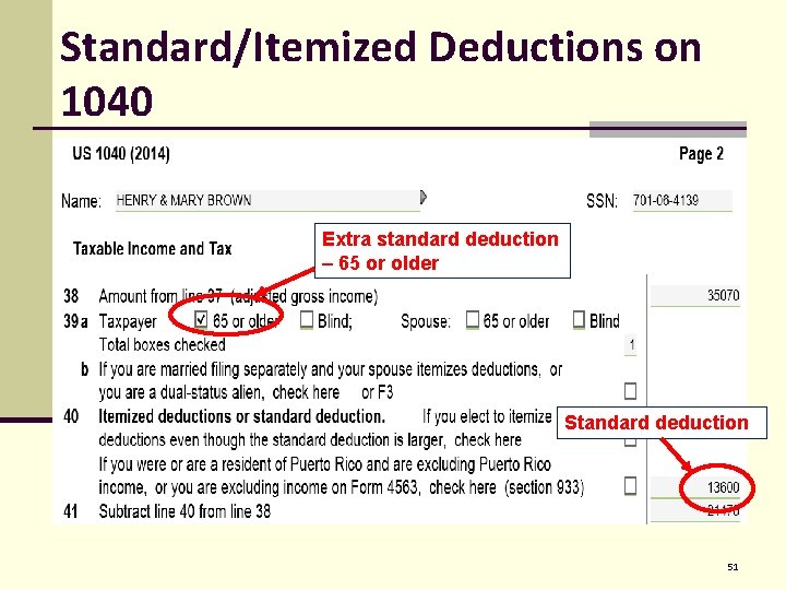 Standard/Itemized Deductions on 1040 Extra standard deduction – 65 or older Standard deduction 51