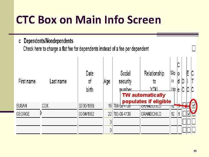 CTC Box on Main Info Screen TW automatically populates if eligible 64 
