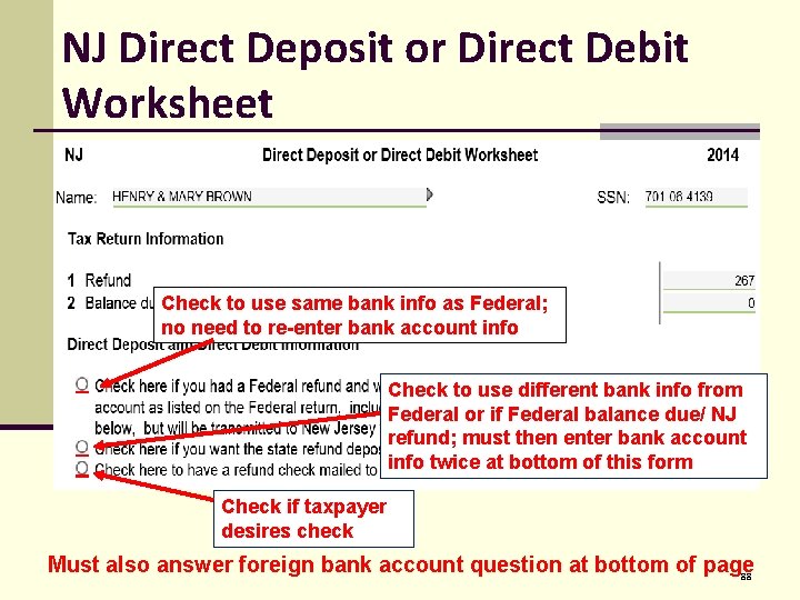 NJ Direct Deposit or Direct Debit Worksheet Check to use same bank info as