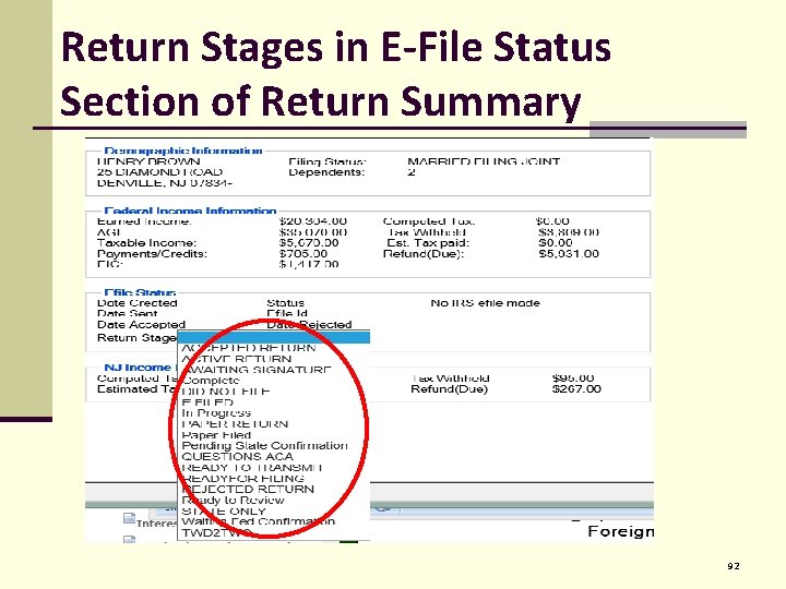 Return Stages in E-File Status Section of Return Summary 92 
