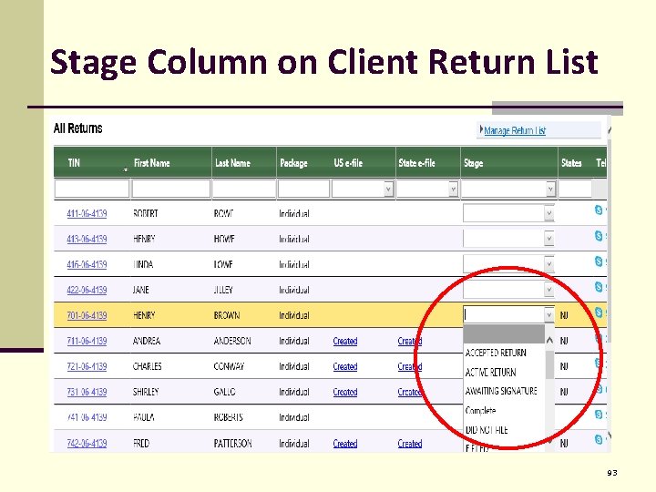 Stage Column on Client Return List 93 