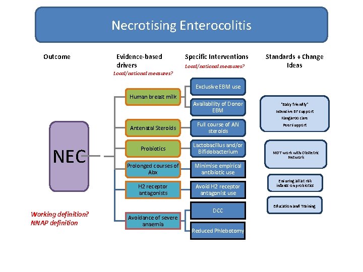 Necrotising Enterocolitis Outcome Evidence-based drivers Specific Interventions Local/national measures? Standards + Change Ideas Local/national