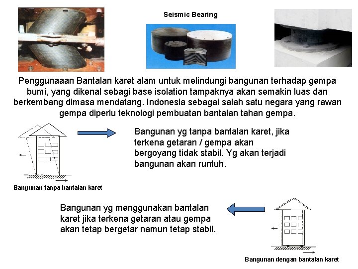 Seismic Bearing Penggunaaan Bantalan karet alam untuk melindungi bangunan terhadap gempa bumi, yang dikenal
